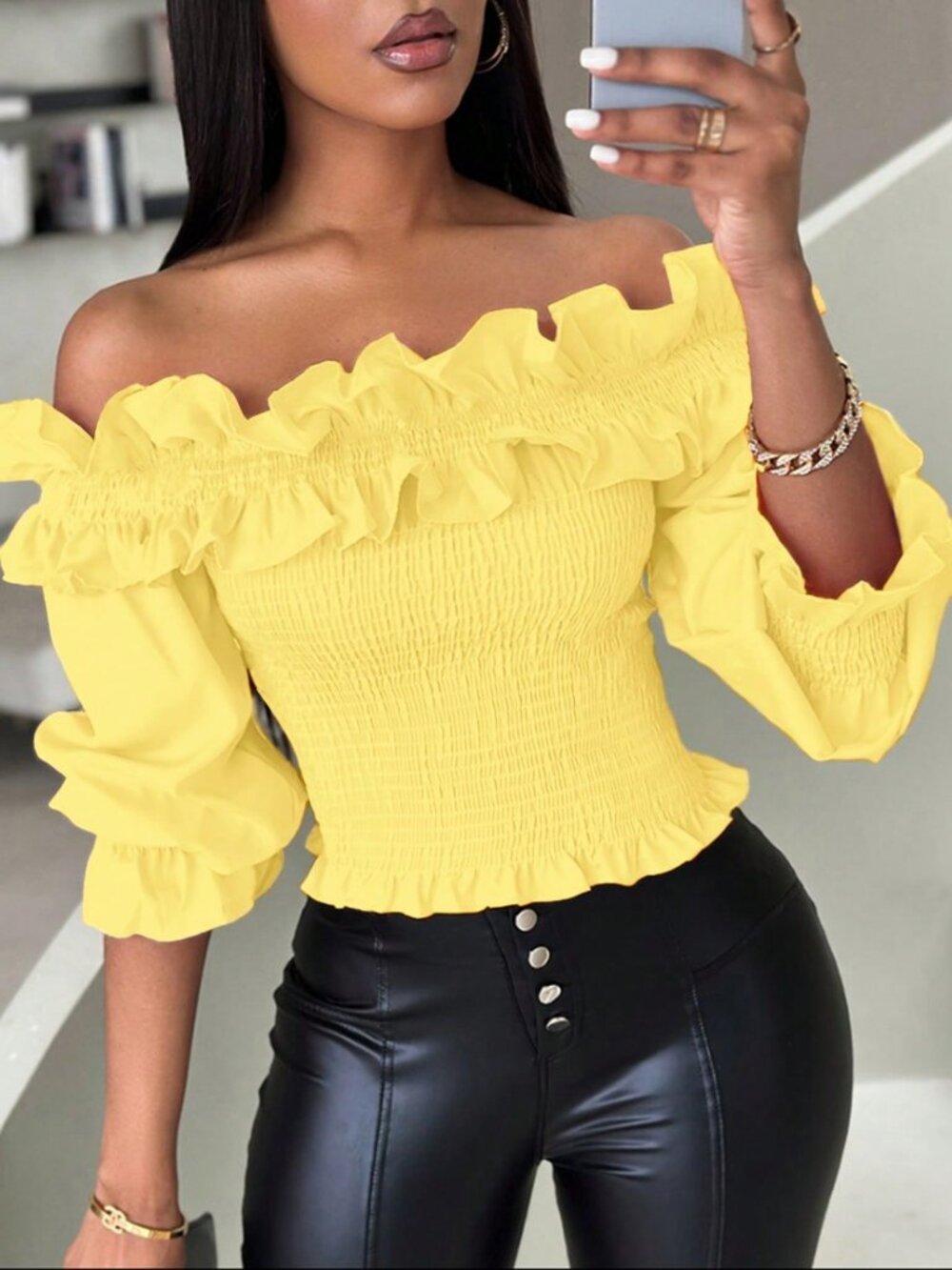 Yellow Casual Women's Ruffle Open Shoulder Short Blouse